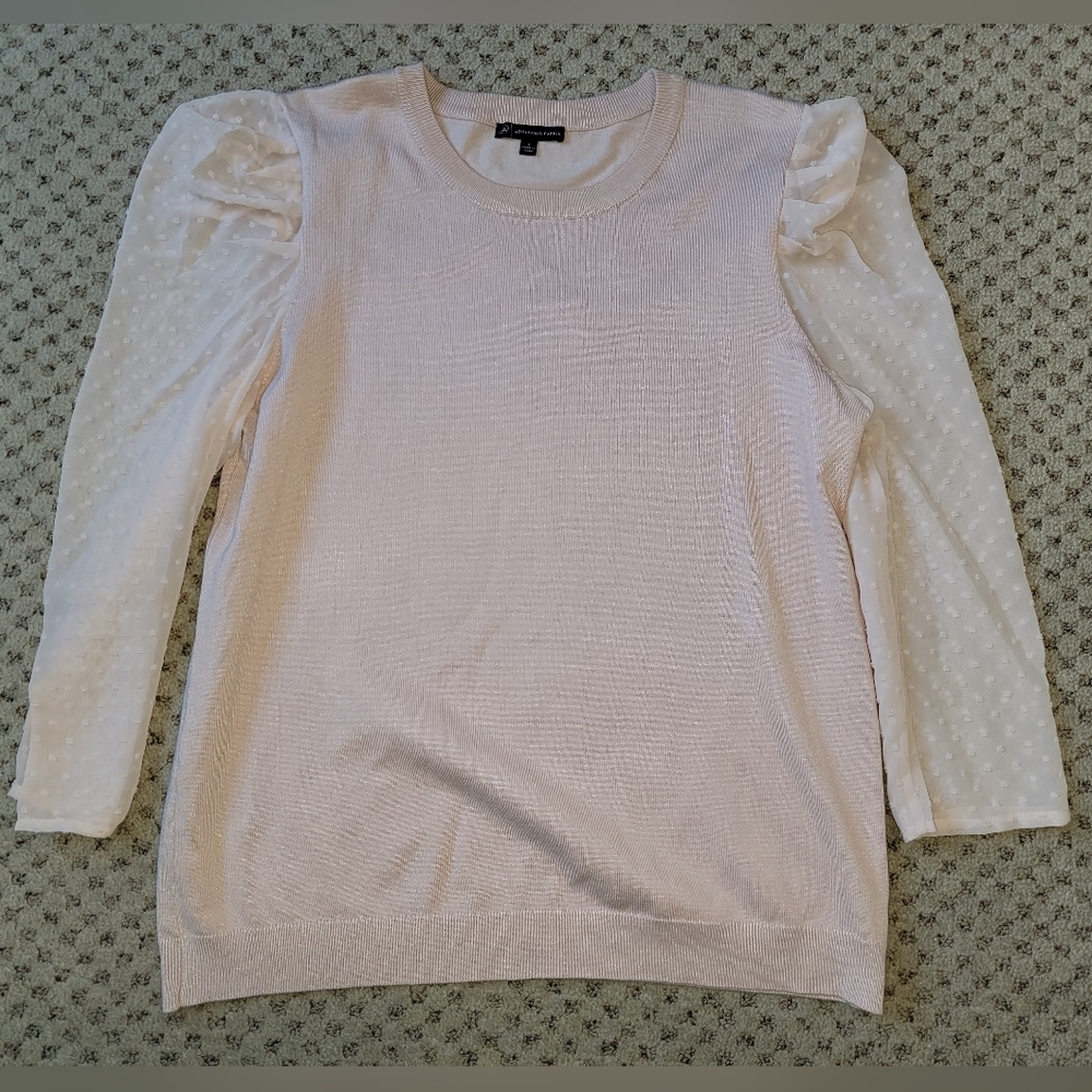 Adrianna Papell Blush Pink Sweater Top with Sheer Dot Sleeves